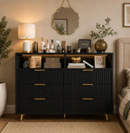Modern Curved Fluted Wood Dresser With 6 Drawers LED Lights And Charging Station Gold Handles Chest Of Drawers For Bedroom And Living Room