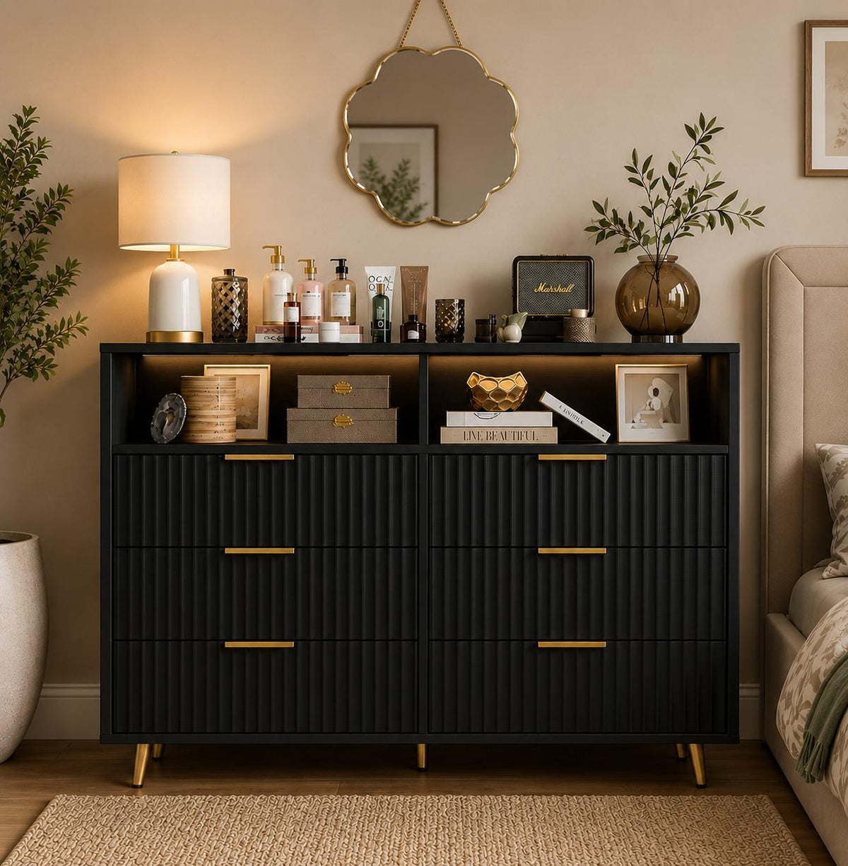 Modern Curved Fluted Wood Dresser With 6 Drawers LED Lights And Charging Station Gold Handles Chest Of Drawers For Bedroom And Living Room
