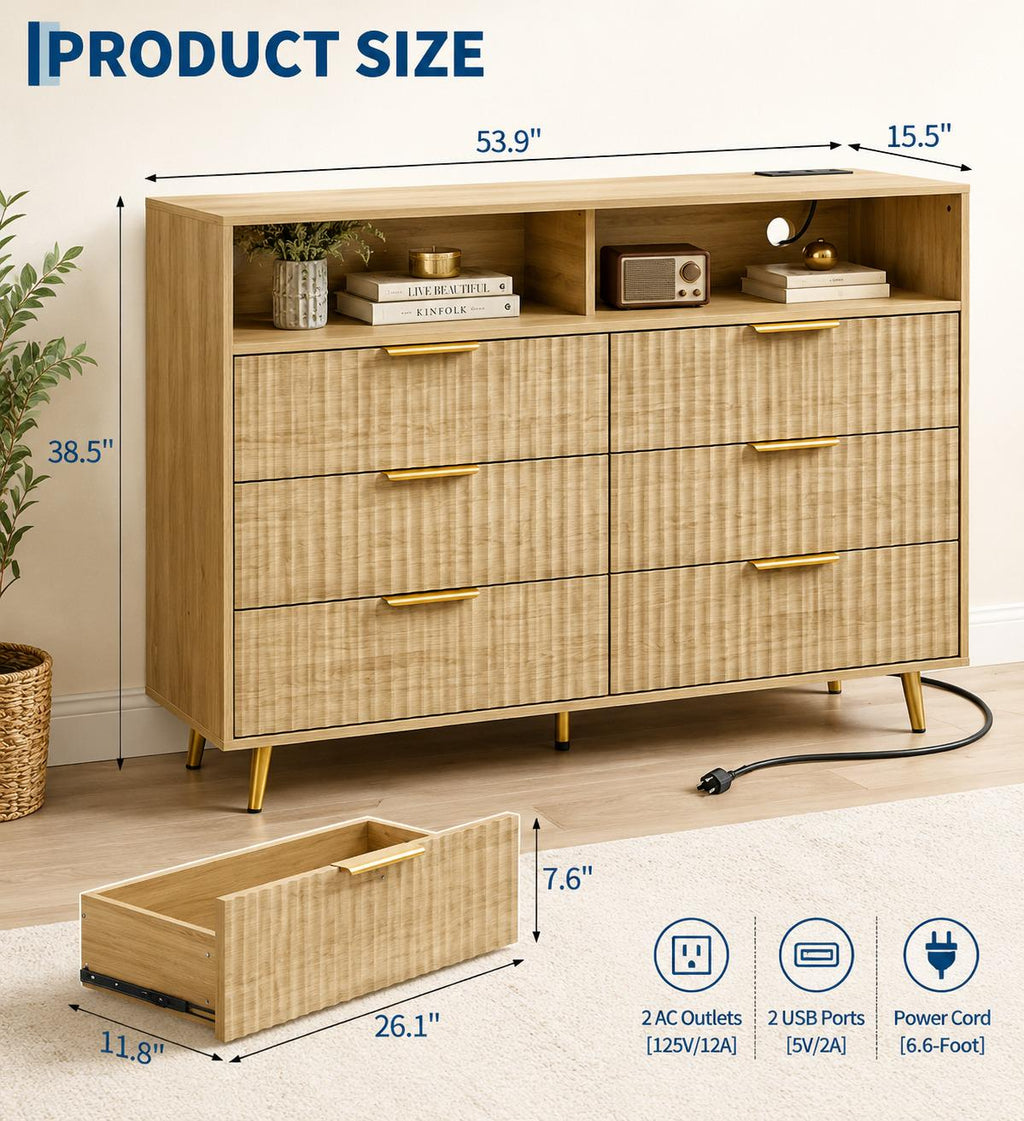 Modern Curved Fluted Wood Dresser With 6 Drawers LED Lights And Charging Station Gold Handles Chest Of Drawers For Bedroom And Living Room
