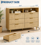 Modern Curved Fluted Wood Dresser With 6 Drawers LED Lights And Charging Station Gold Handles Chest Of Drawers For Bedroom And Living Room