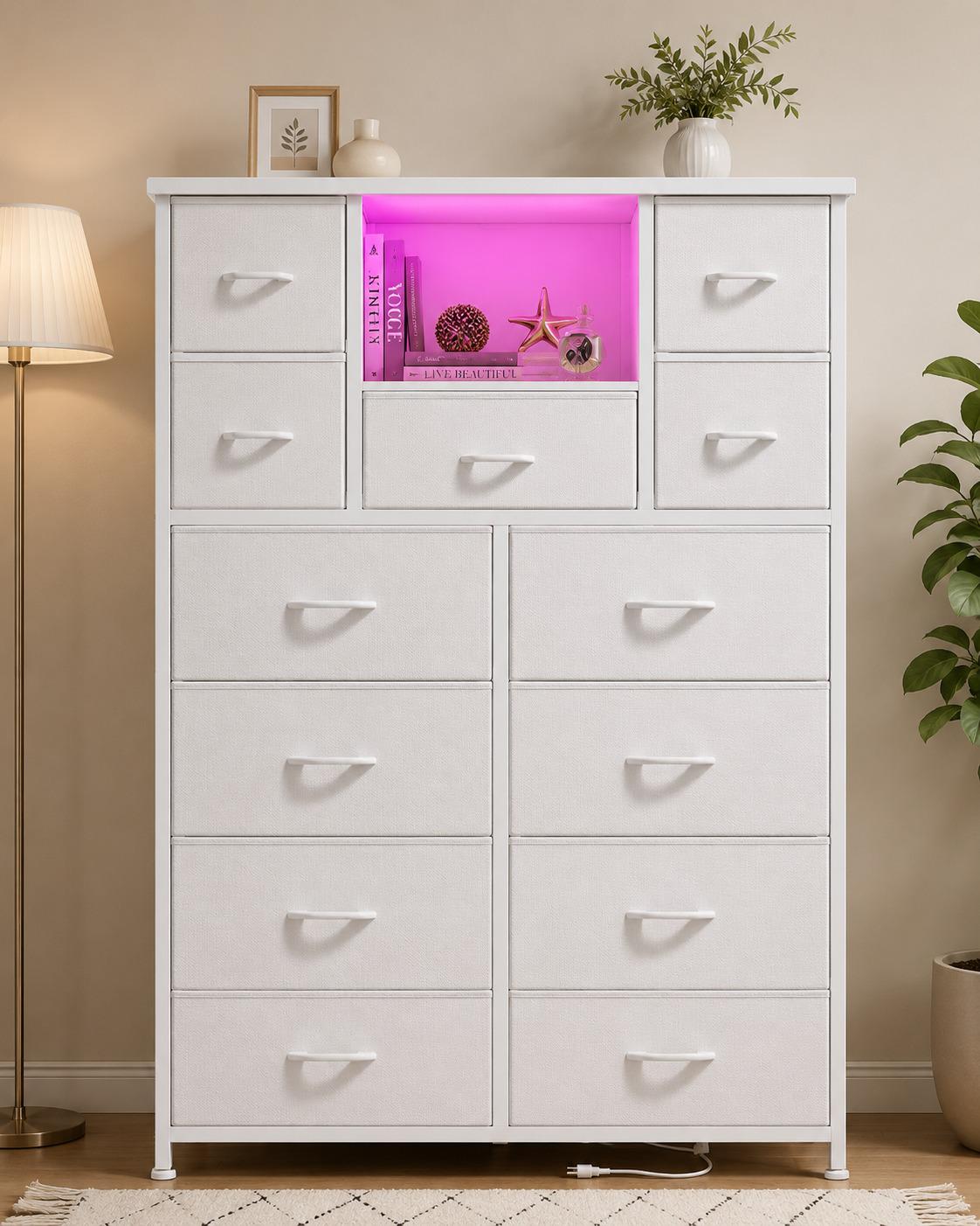 13-Drawer Fabric Dresser with LED Lights and Charging Ports, Open Storage Shelves
