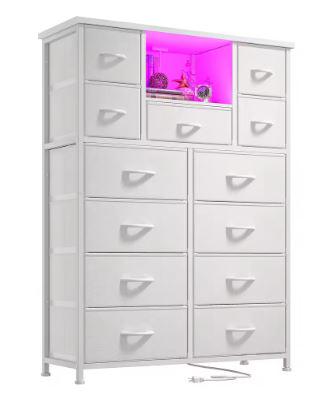 13-Drawer Fabric Dresser with LED Lights and Charging Ports, Open Storage Shelves