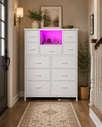 13-Drawer Fabric Dresser with LED Lights and Charging Ports, Open Storage Shelves