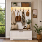 Hall Tree with Bench, Coat Rack, Shoe Cabinet, LED Light, Organizer