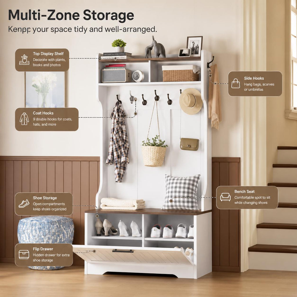 Hall Tree with Bench, Coat Rack, Shoe Cabinet, LED Light, Organizer