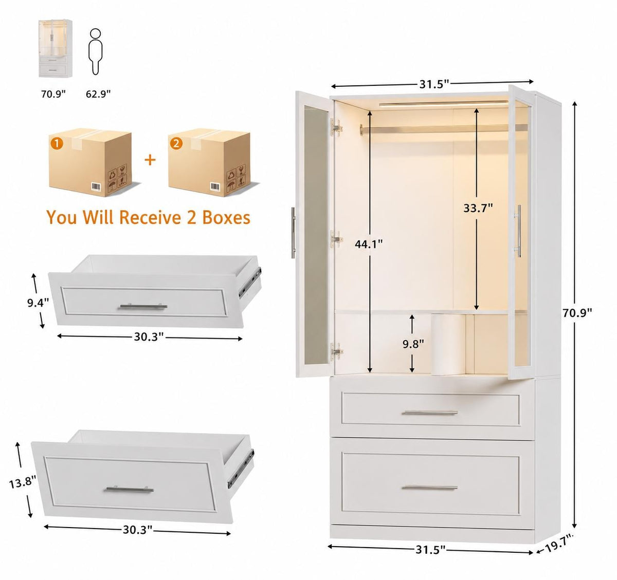 White Armoire Wardrobe Closet, Glass Door, LED Lighting, Bedroom Storage Cabinet