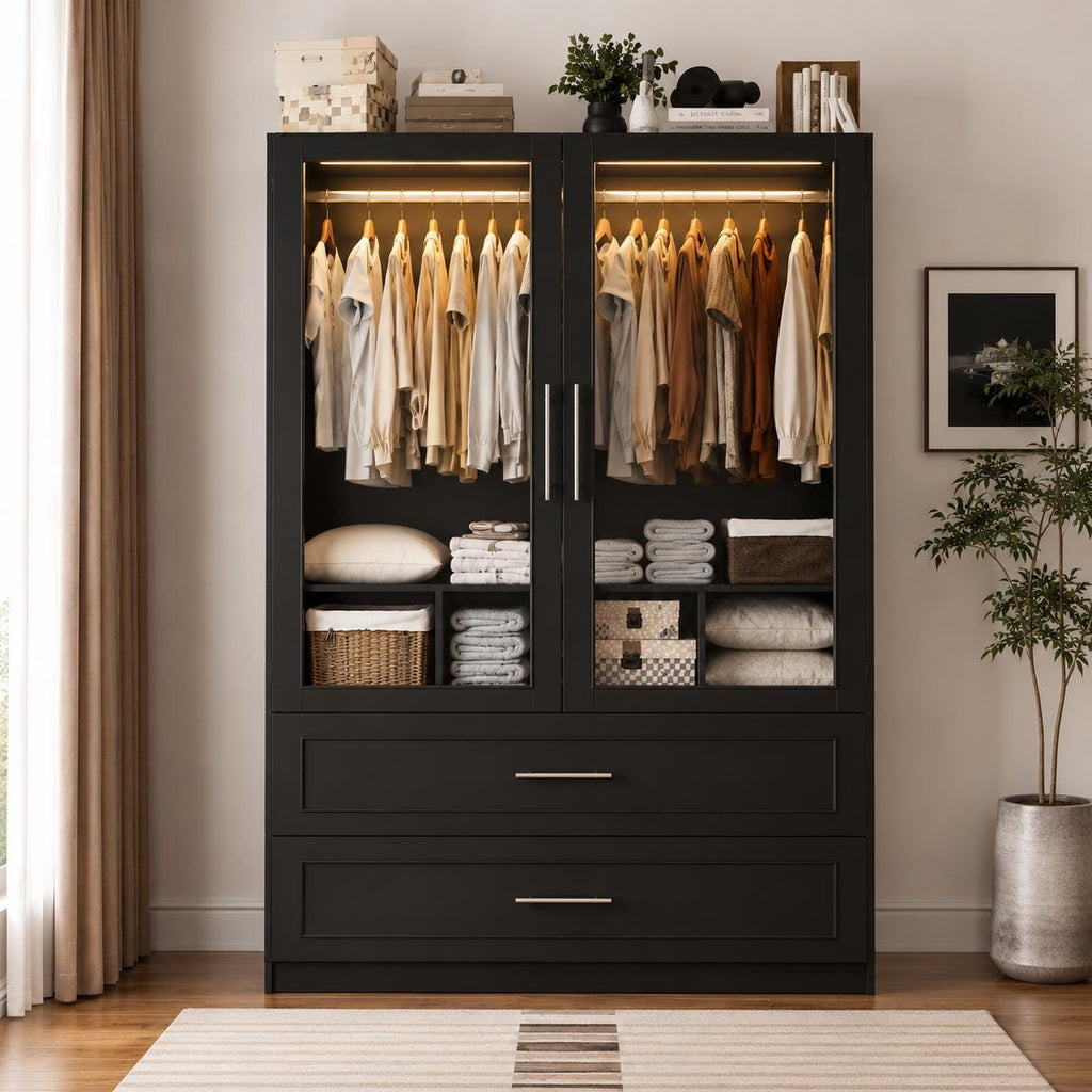 White Armoire Wardrobe Closet, Glass Door, LED Lighting, Bedroom Storage Cabinet