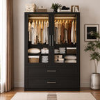 White Armoire Wardrobe Closet, Glass Door, LED Lighting, Bedroom Storage Cabinet