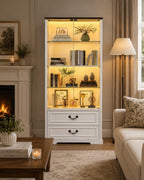 Tall Display Cabinet with Glass Doors, Drawers, Smart Sensor Lighting