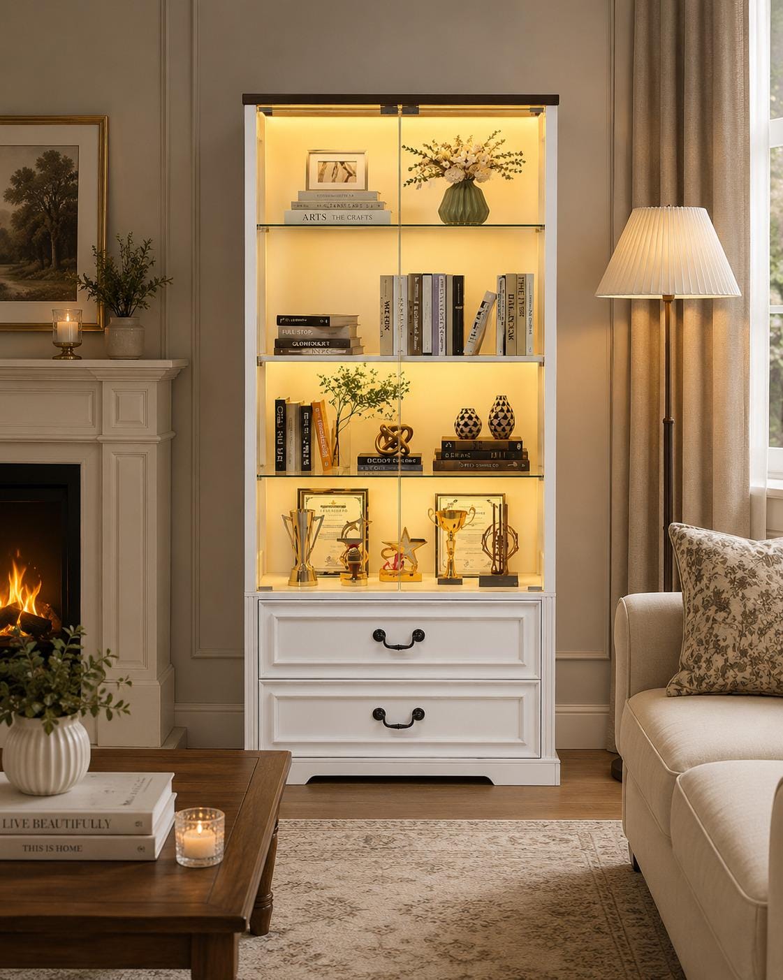 Tall Display Cabinet with Glass Doors, Drawers, Smart Sensor Lighting