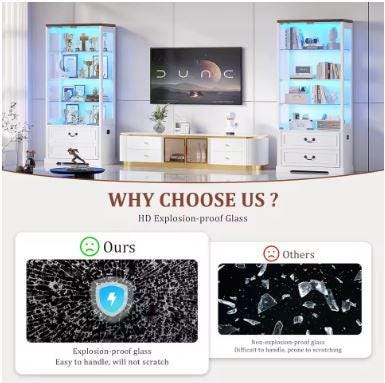Tall Display Cabinet with Glass Doors, Drawers, Smart Sensor Lighting