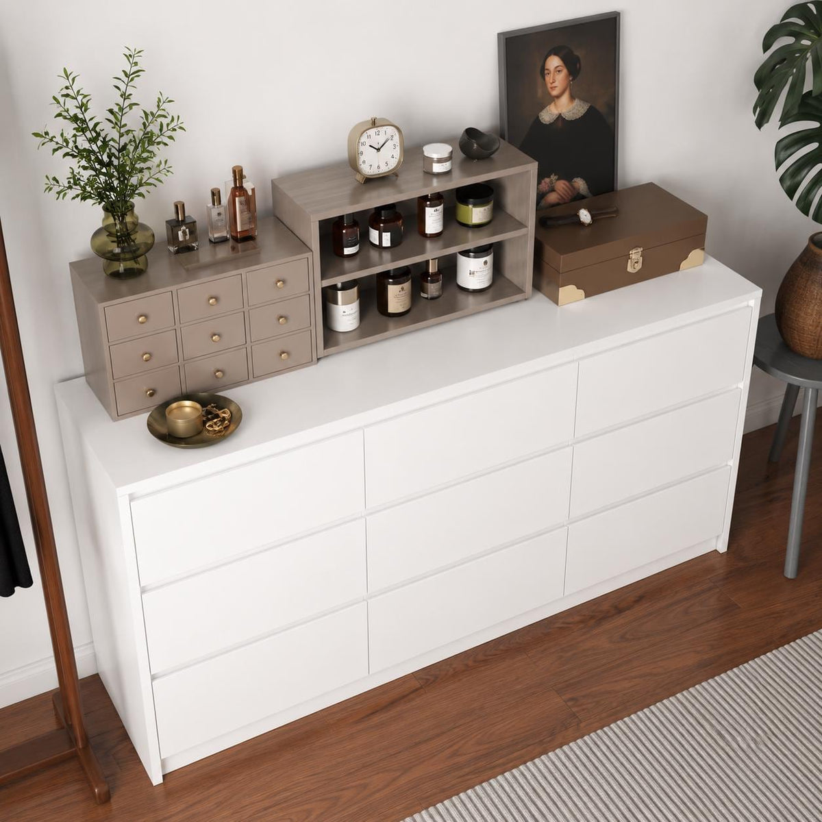 63" Wide White 9-Drawer Dresser, Modern Handle-Free Storage Cabinet