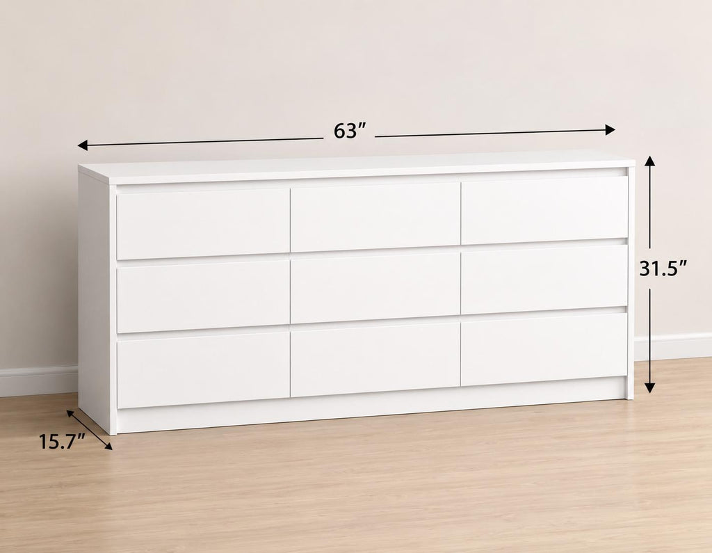 63" Wide White 9-Drawer Dresser, Modern Handle-Free Storage Cabinet