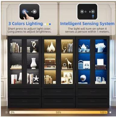 Display Cabinet with LED Lights, 67" Bookcase with Drawers, Curio Storage Case