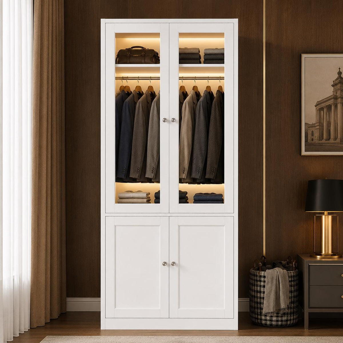 Tall Armoire Wardrobe Closet, White, Glass Doors, LED Lights, Storage Cabinet