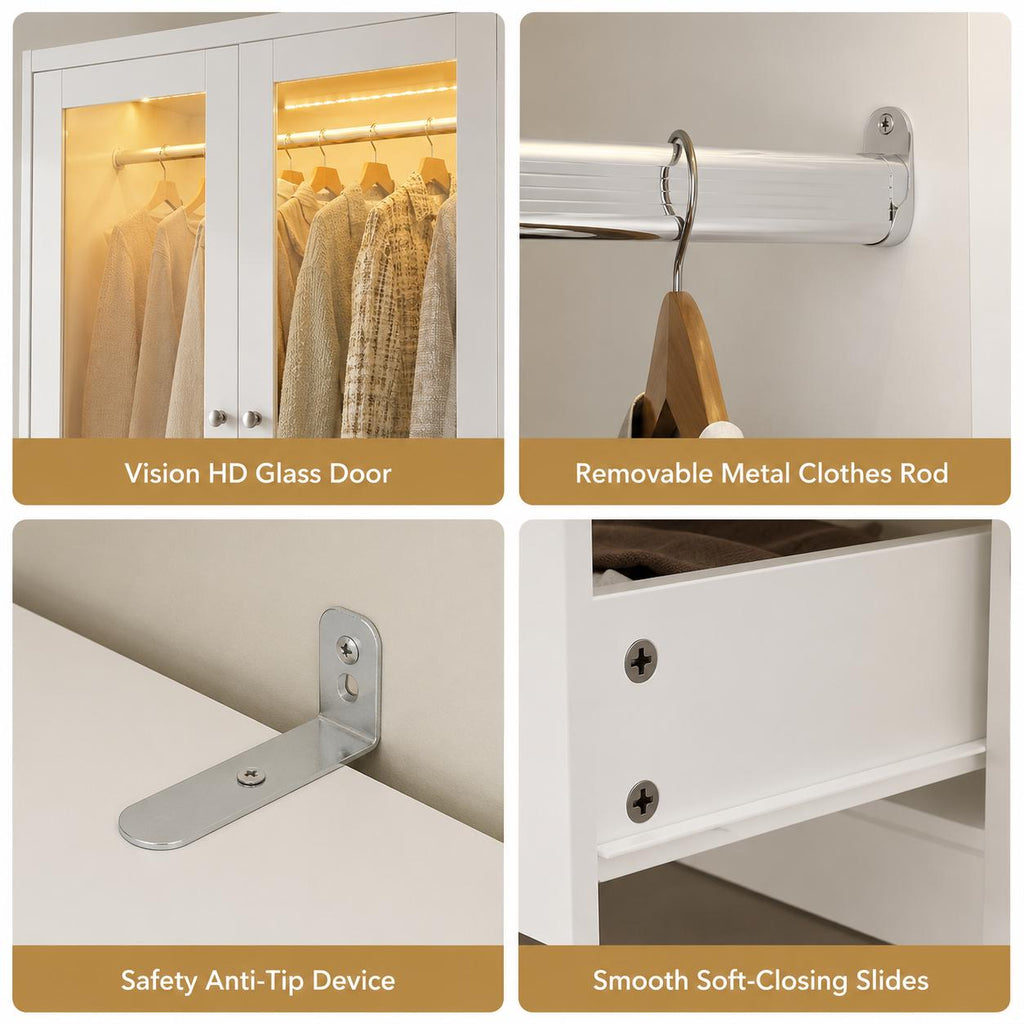 Tall Armoire Wardrobe Closet, White, Glass Doors, LED Lights, Storage Cabinet