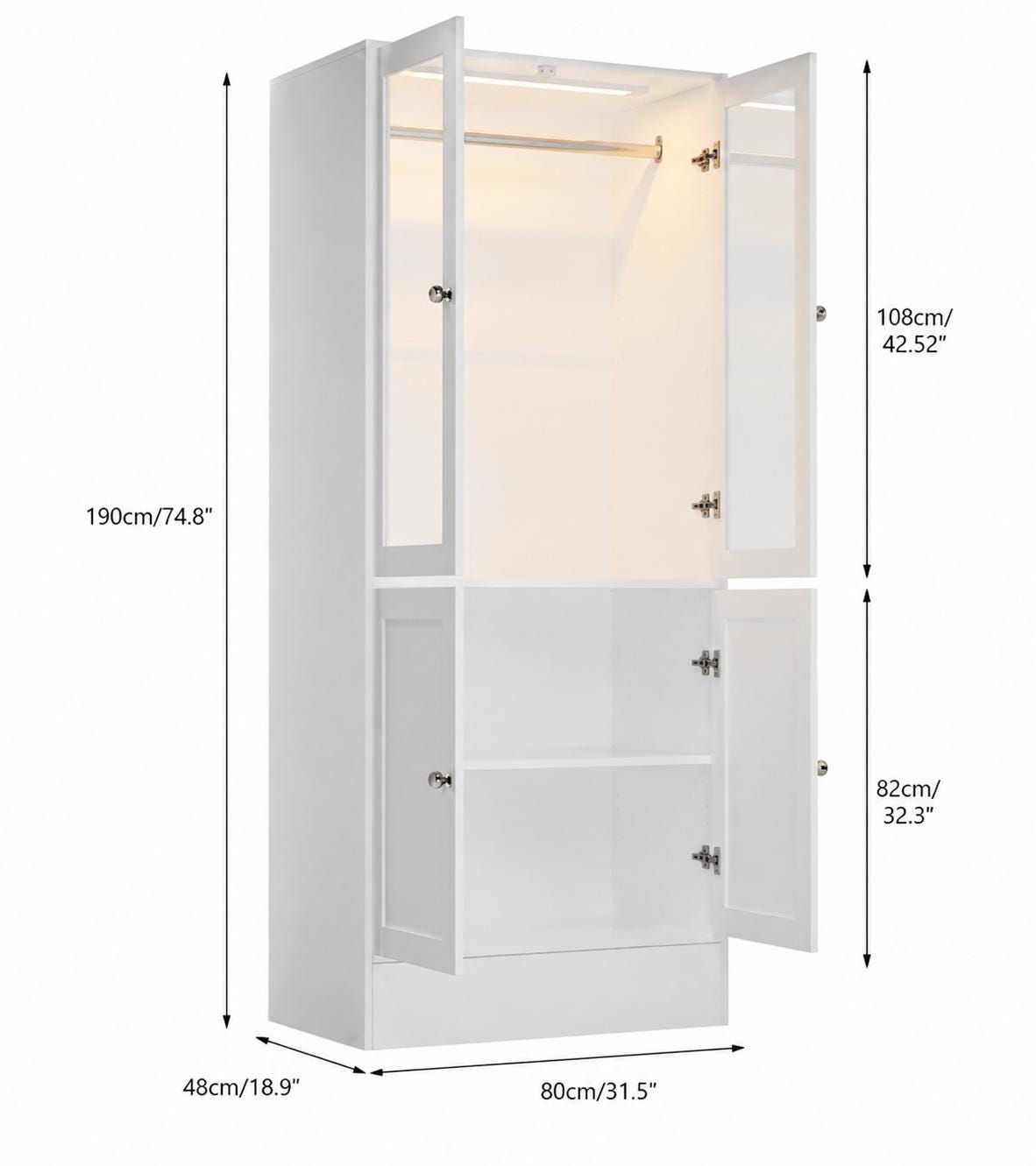 Tall Armoire Wardrobe Closet, White, Glass Doors, LED Lights, Storage Cabinet