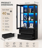 Display Cabinet with LED Lights, 67" Bookcase with Drawers, Curio Storage Case