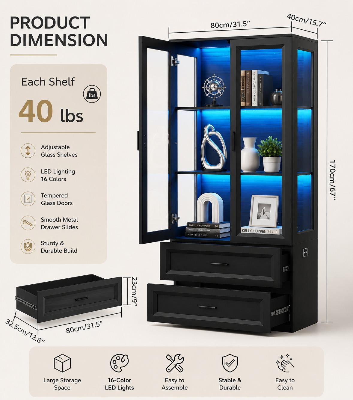 Display Cabinet with LED Lights, 67" Bookcase with Drawers, Curio Storage Case