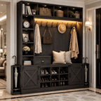 Farmhouse Hall Tree with Bench and Shoe Storage, Entryway Coat Rack, LED Lighting