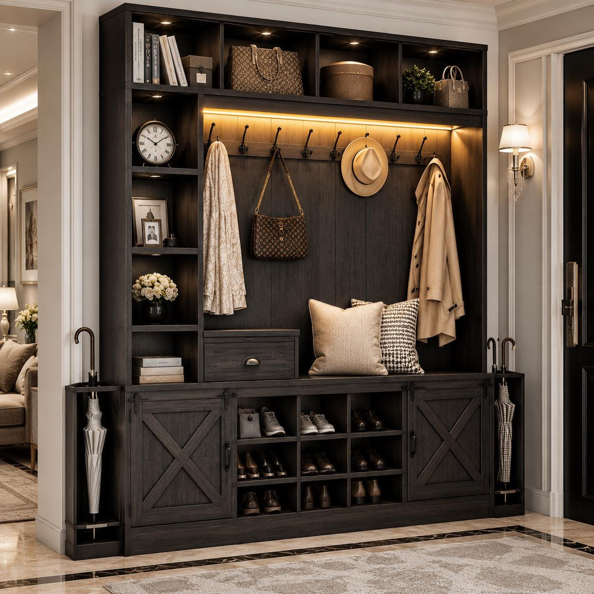 Farmhouse Hall Tree with Bench and Shoe Storage, Entryway Coat Rack, LED Lighting