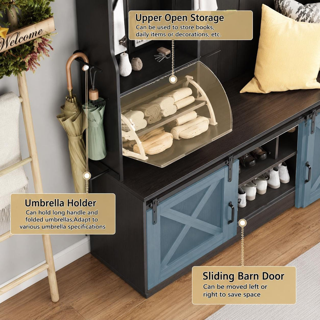 Farmhouse Hall Tree with Bench and Shoe Storage, Entryway Coat Rack, LED Lighting