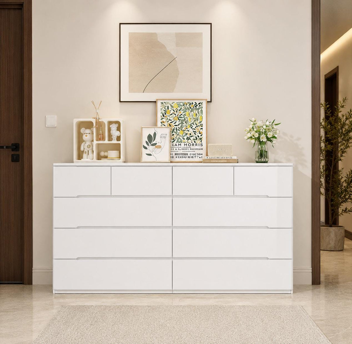 Black 10 Drawer Dresser, 55" Wide High Gloss Modern Storage Cabinet