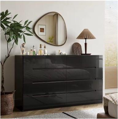 Black 10 Drawer Dresser, 55" Wide High Gloss Modern Storage Cabinet