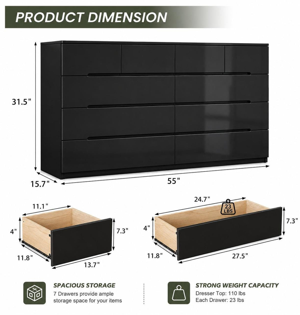 Black 10 Drawer Dresser, 55" Wide High Gloss Modern Storage Cabinet
