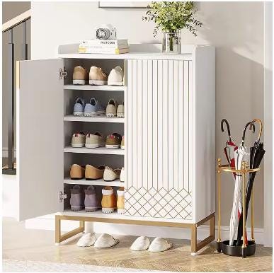 Grey Five-Tier Shoe Cabinet with Doors, Modern Storage Rack (25 Pairs)
