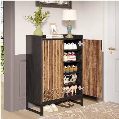 Grey Five-Tier Shoe Cabinet with Doors, Modern Storage Rack (25 Pairs)
