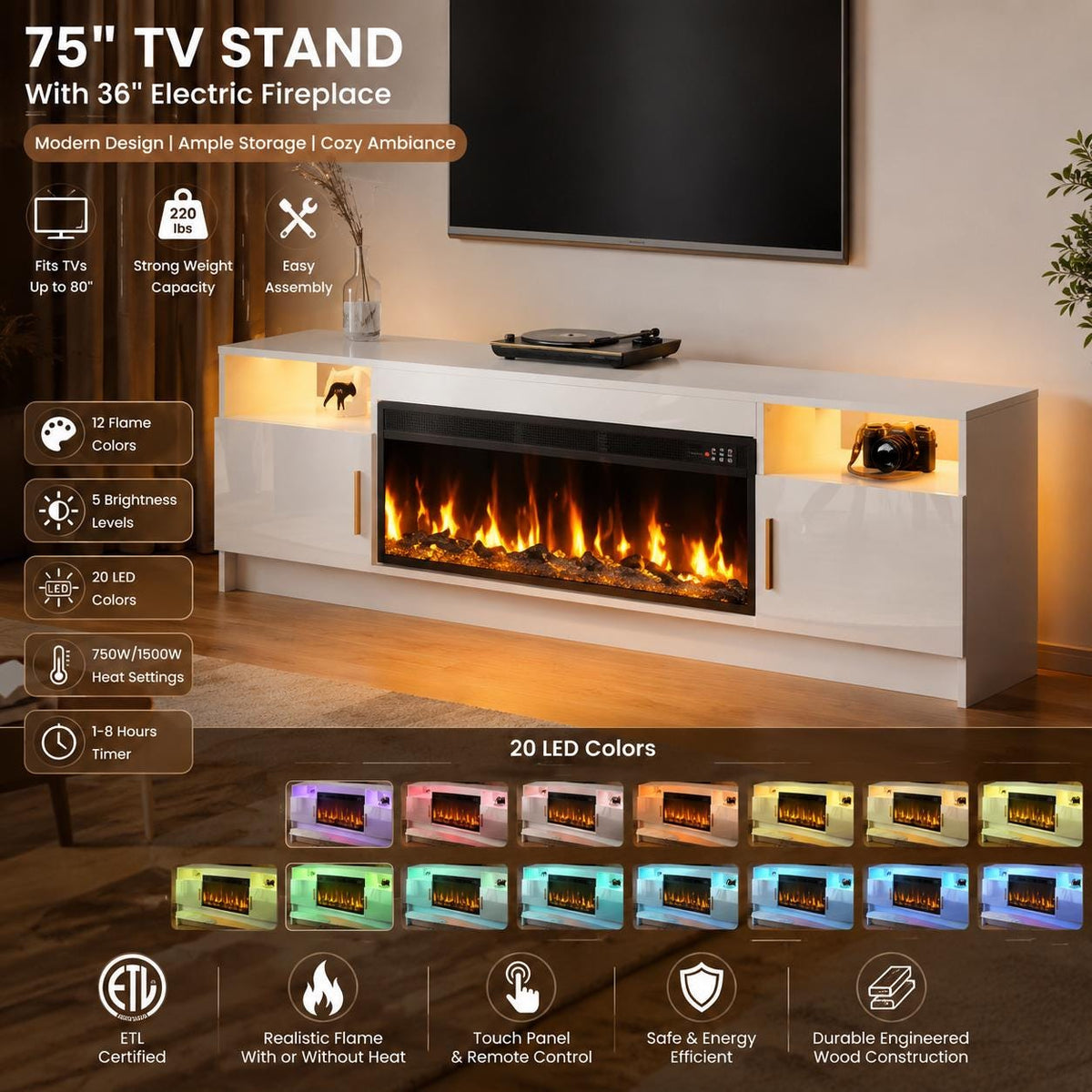 75" High Gloss TV Stand with 36" Electric Fireplace, LED Lights & Storage Cabinets, Modern Entertainment Center for TVs Up to 80"
