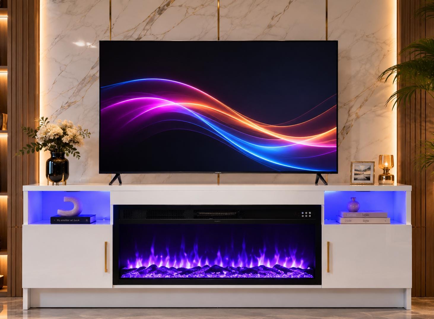 75" High Gloss TV Stand with 36" Electric Fireplace, LED Lights & Storage Cabinets, Modern Entertainment Center for TVs Up to 80"