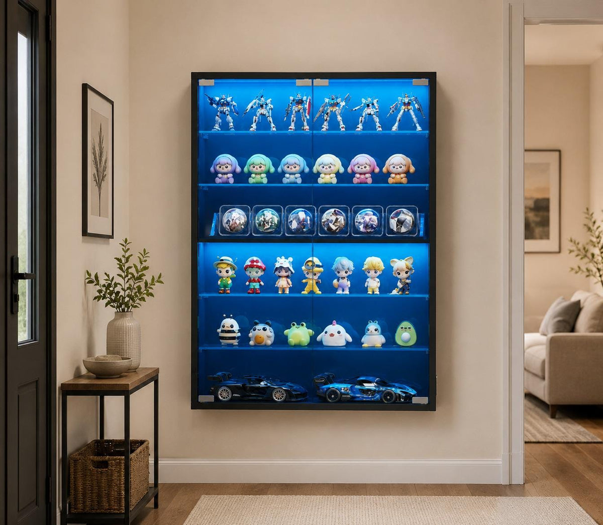 Six Tier Wall Display Cabinet With Glass Doors And Adjustable Shelves Black