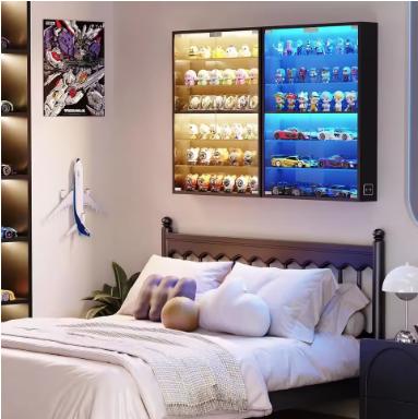 Six Tier Wall Display Cabinet With Glass Doors And Adjustable Shelves Black