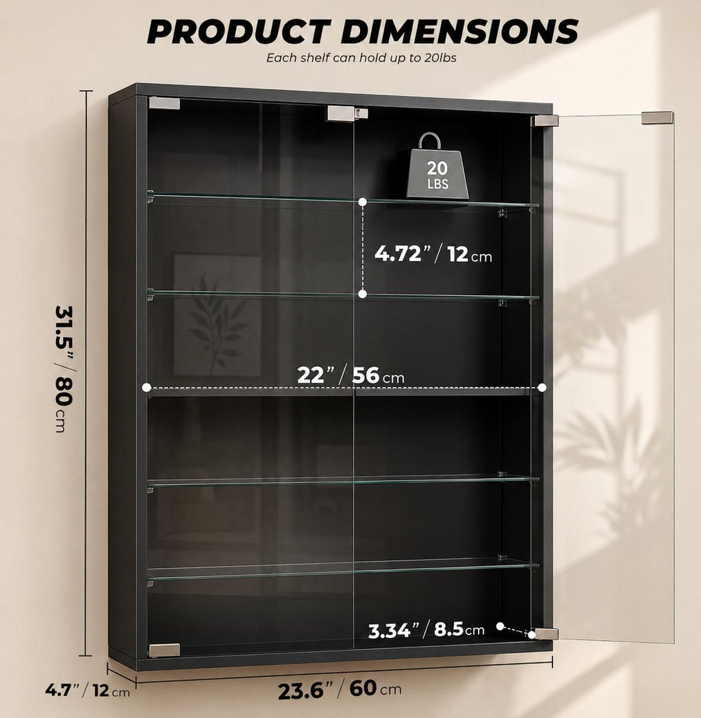 Six Tier Wall Display Cabinet With Glass Doors And Adjustable Shelves Black