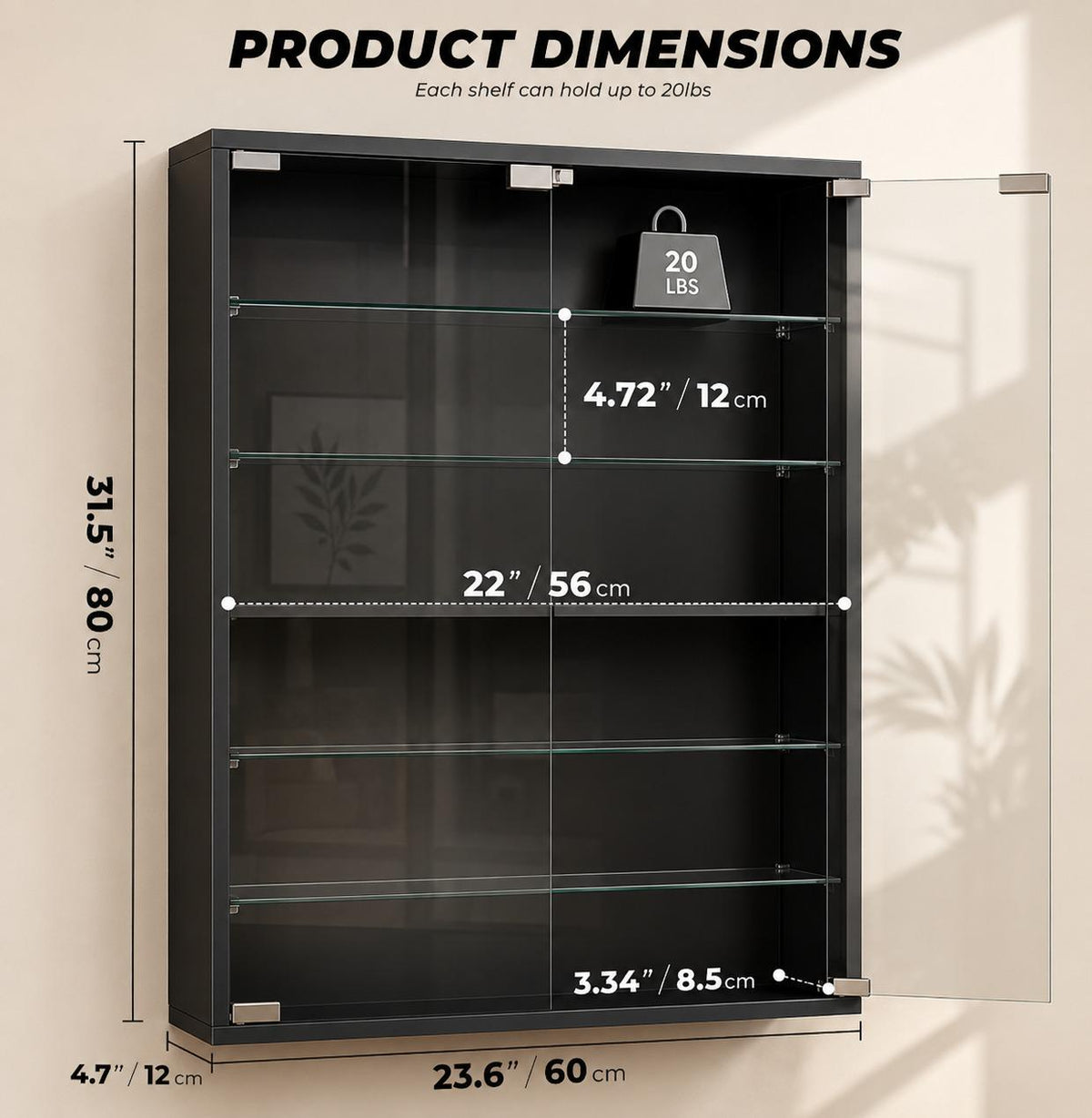 Six Tier Wall Display Cabinet With Glass Doors And Adjustable Shelves Black