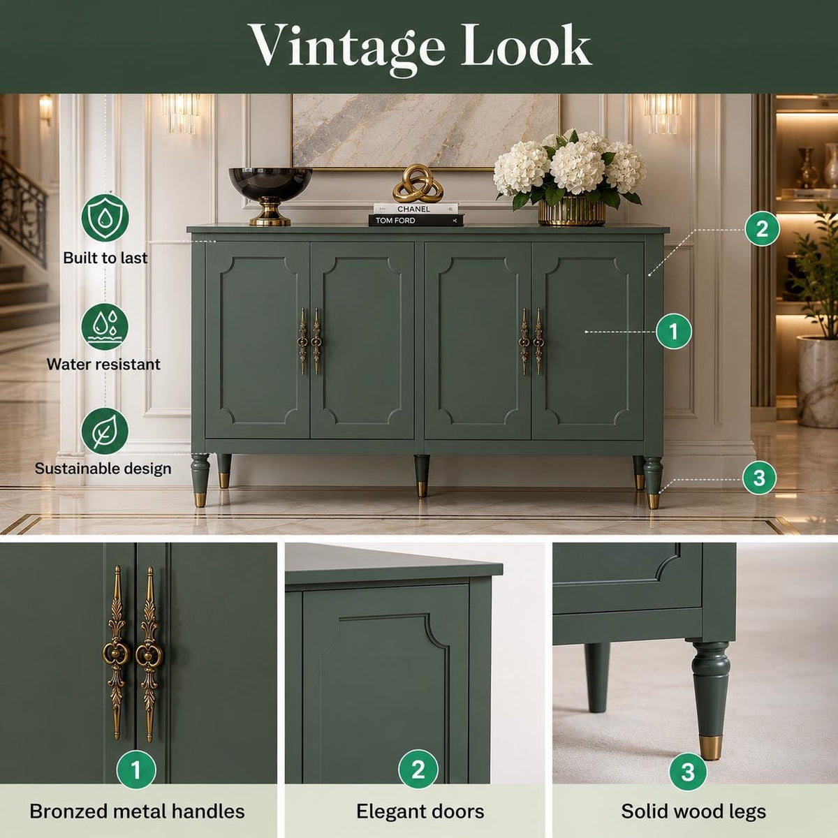 59" Modern Sideboard Buffet Cabinet with Storage, Adjustable Shelves & Carved Bronze Handles, Wood Buffet Cabinet for Dining Room Entryway