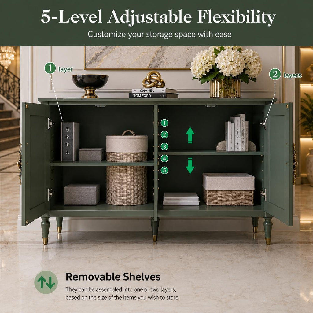 59" Modern Sideboard Buffet Cabinet with Storage, Adjustable Shelves & Carved Bronze Handles, Wood Buffet Cabinet for Dining Room Entryway