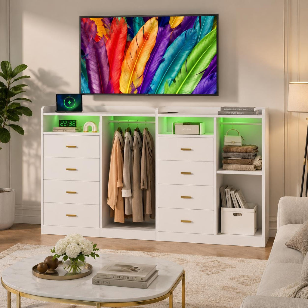 Modern White Dresser with Clothes Rack, 4 Drawers, LED Lights, Charging Station & USB Ports | Bedroom Storage Organizer