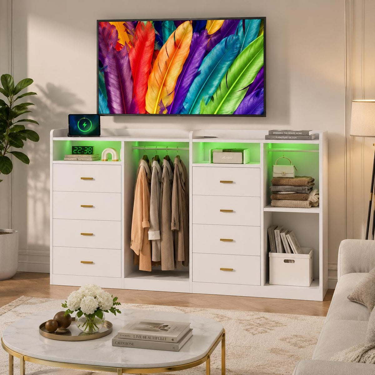 Modern White Dresser with Clothes Rack, 4 Drawers, LED Lights, Charging Station & USB Ports | Bedroom Storage Organizer