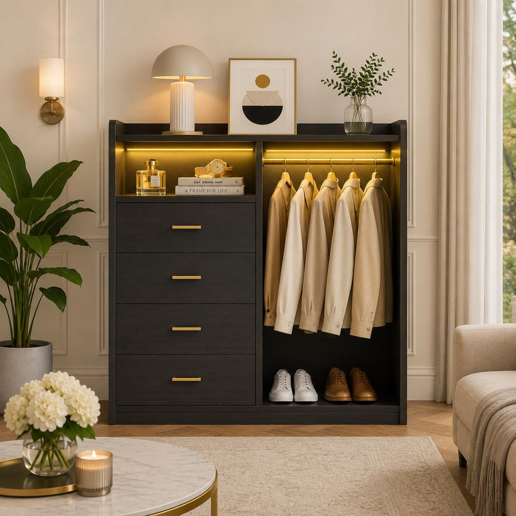 Modern White Dresser with Clothes Rack, 4 Drawers, LED Lights, Charging Station & USB Ports | Bedroom Storage Organizer