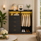 Modern White Dresser with Clothes Rack, 4 Drawers, LED Lights, Charging Station & USB Ports | Bedroom Storage Organizer