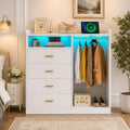Modern White Dresser with Clothes Rack, 4 Drawers, LED Lights, Charging Station & USB Ports | Bedroom Storage Organizer