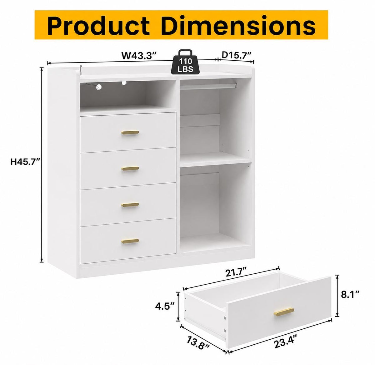 Modern White Dresser with Clothes Rack, 4 Drawers, LED Lights, Charging Station & USB Ports | Bedroom Storage Organizer