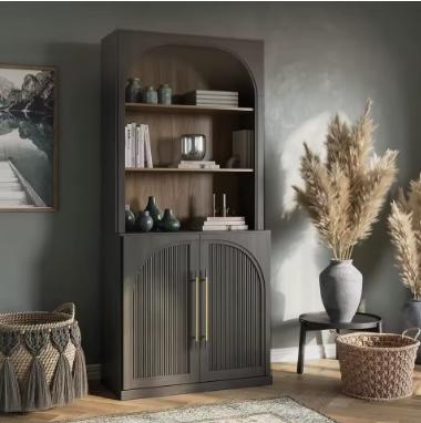 Tall Storage Cabinet with Hutch, Fluted Arched Doors, Ebony Wood Display Sideboard