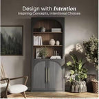 Tall Storage Cabinet with Hutch, Fluted Arched Doors, Ebony Wood Display Sideboard