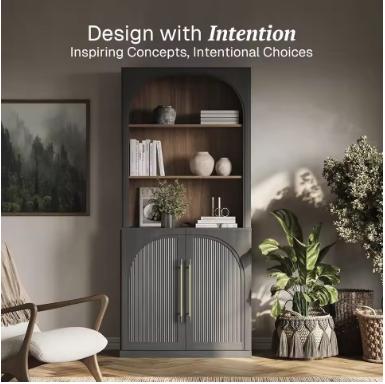Tall Storage Cabinet with Hutch, Fluted Arched Doors, Ebony Wood Display Sideboard