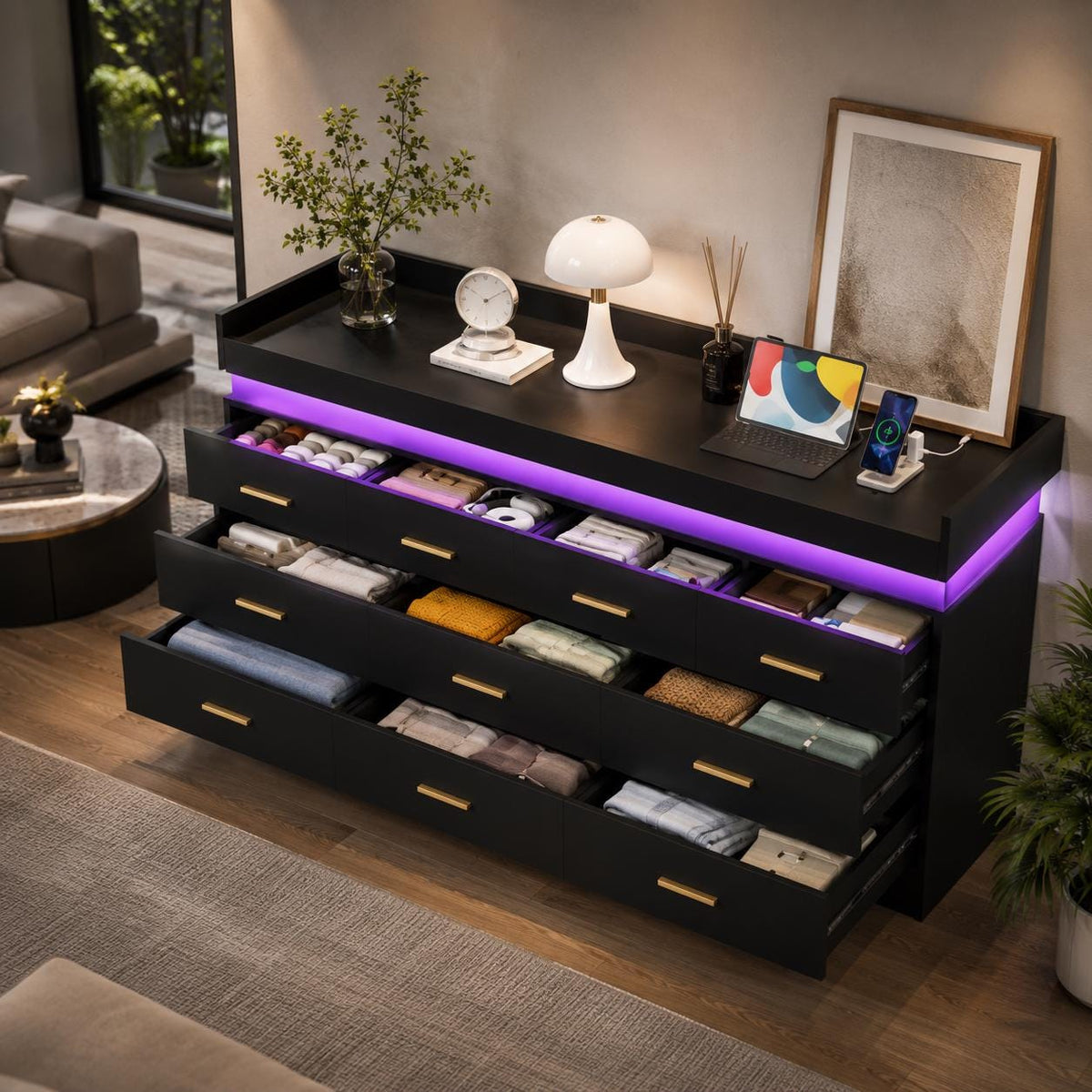 10 Drawer Dresser with Power Outlet & LED Wide Organizer Cabinet Modern Chest Bedroom Living Room Entryway Black, Customized