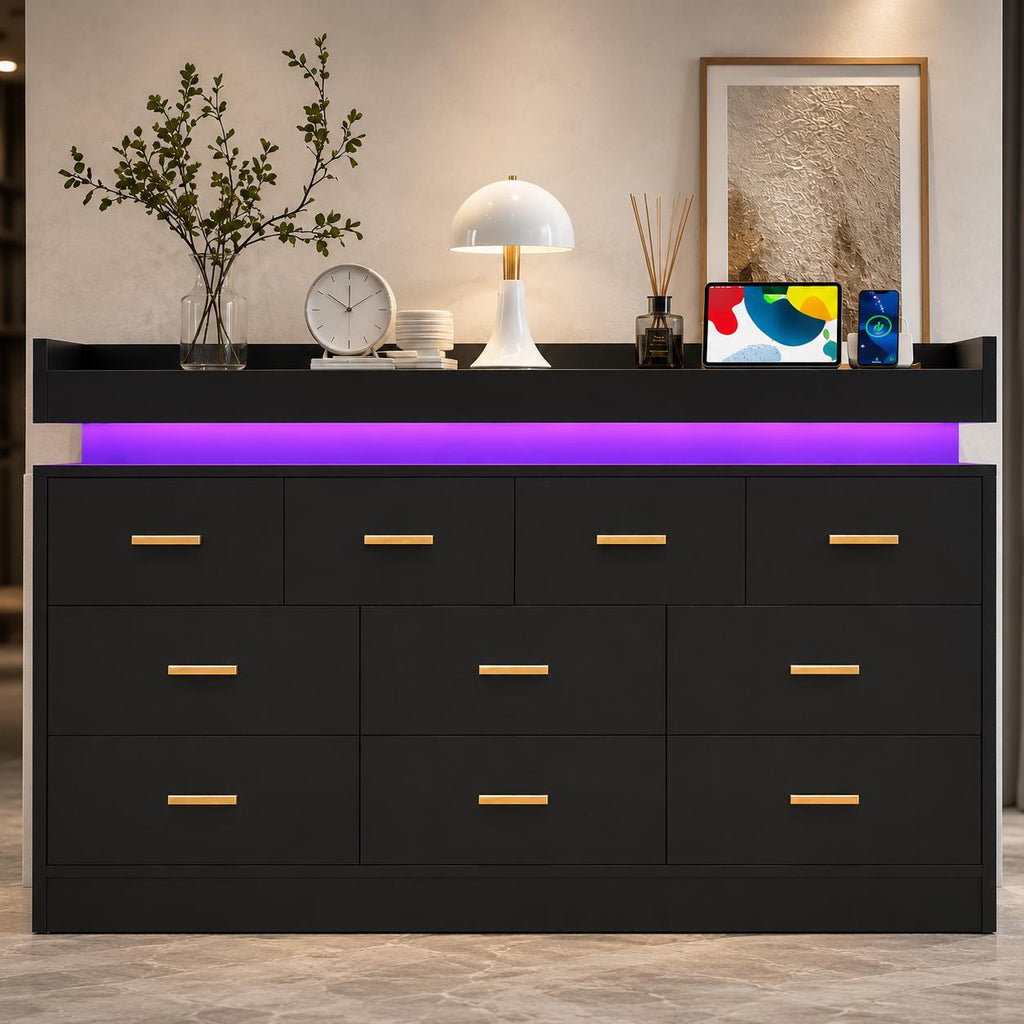 10 Drawer Dresser with Power Outlet & LED Wide Organizer Cabinet Modern Chest Bedroom Living Room Entryway Black, Customized